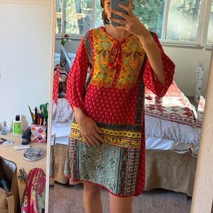 Red and Yellow Bohemian Long Sleeve Dress